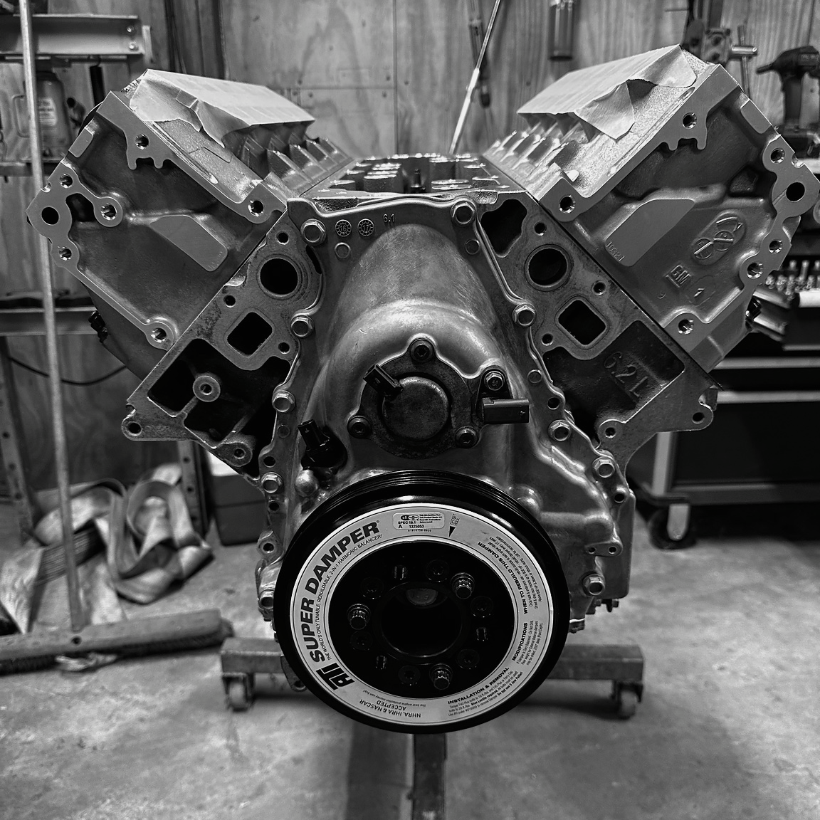 Front view of an L86 Gen V engine during assembly